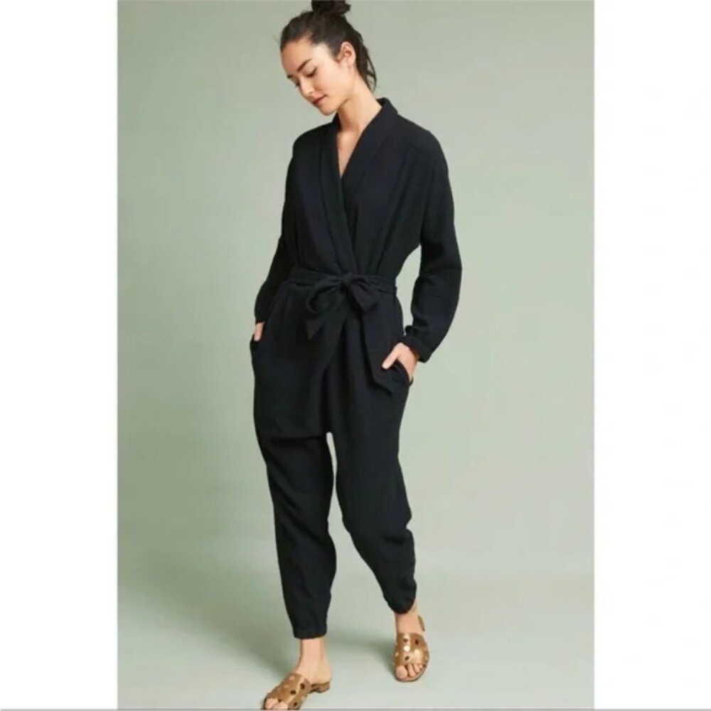 Anthropologie Hei Hei Black Gauzy Tie Waist Beena Jumpsuit XS